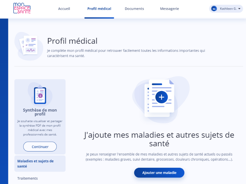 Mon espace santé, profil médical